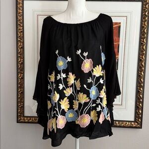 Soffie Couture Floral Embroidered Black Blouse